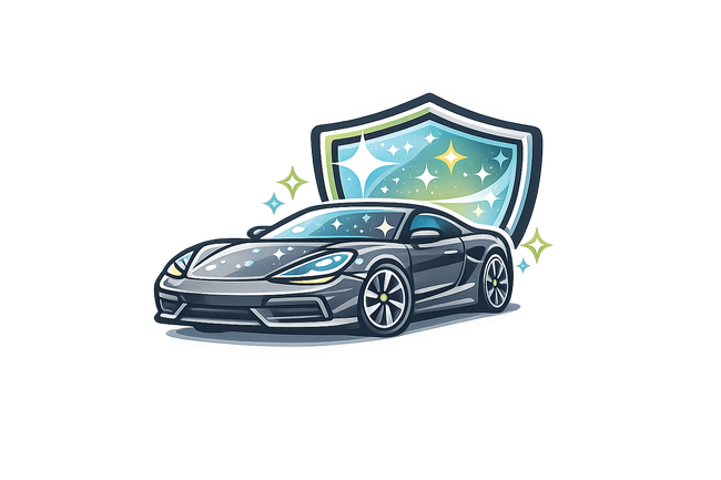 Dark blue sports car in front of a glowing shield emblem with sparkles