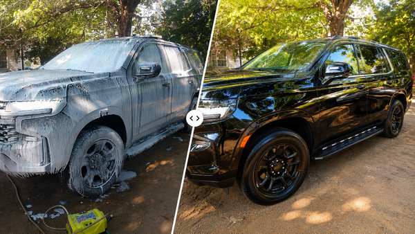 Before-and-after view of a black SUV, foamy on the left and clean and shiny on the right.
