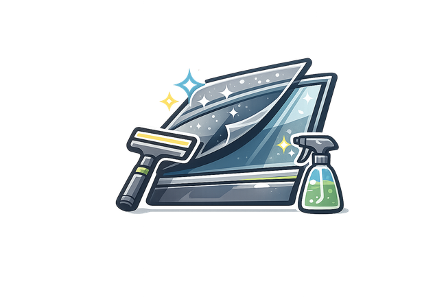 Window cleaning tools: squeegee, spray bottle, and cloth with sparkles on a blue surface