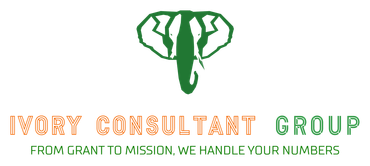 Logo of Ivory Consultant Group: green elephant graphic above text in orange and green.