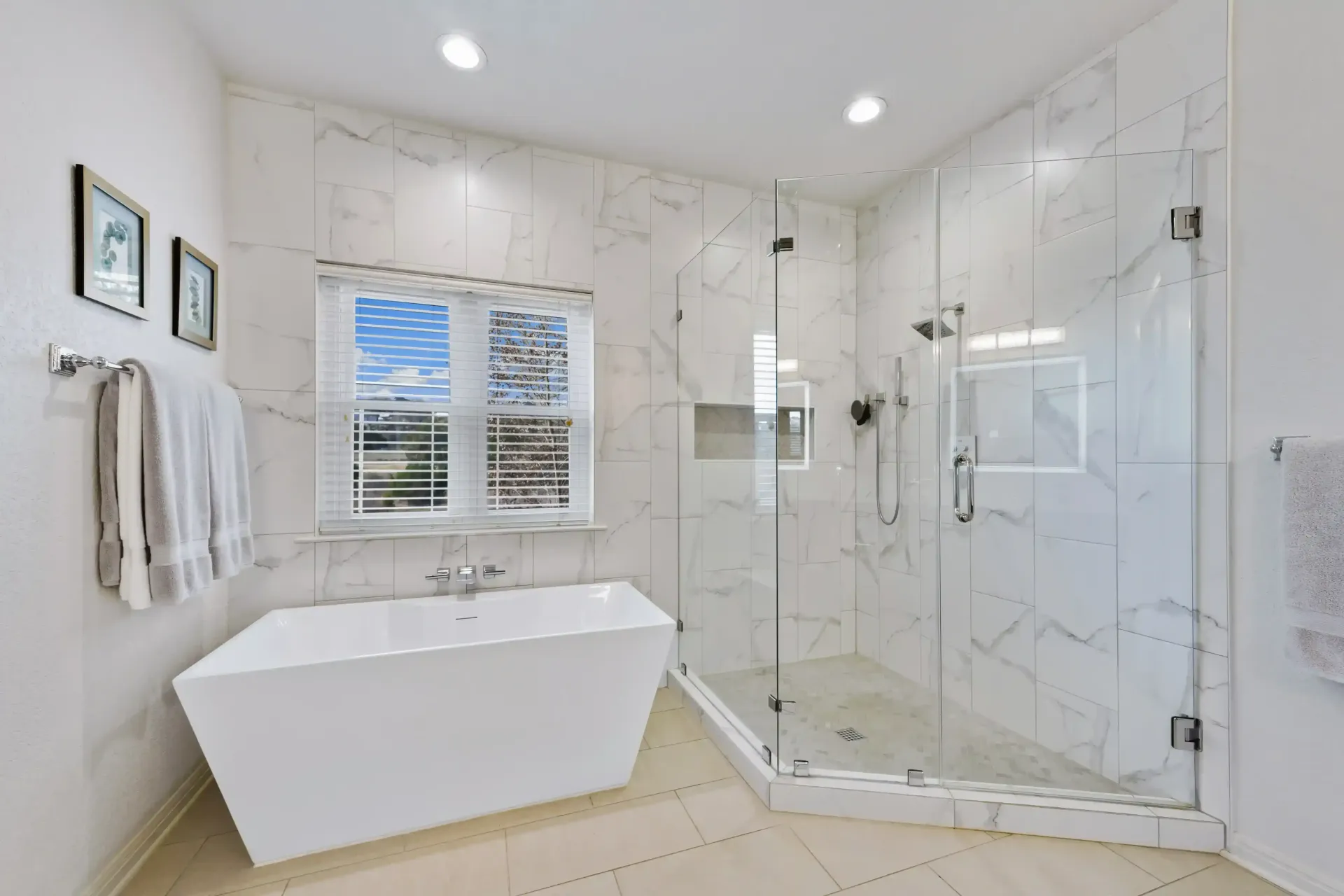 Complete bathroom remodel project with white marble walls in Glasgow KY