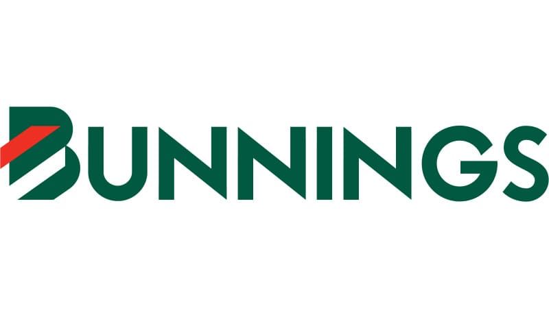 The Bunnings logo in green and white with a red arrow and white background.