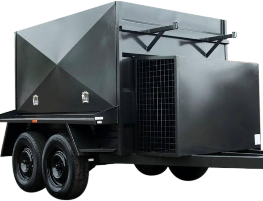 A black tradesman tandem axel trailer with two tires and a box on top