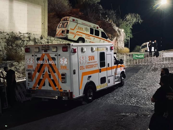 Una ambulancia está estacionada al costado de la carretera por la noche.