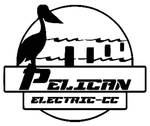 Black and white logo: Pelican silhouette above waves and docks, "Pelican Electric-CC" text.
