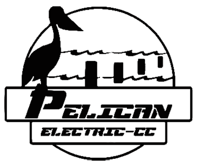 Black and white logo: Pelican silhouette above waves and docks, "Pelican Electric-CC" text.