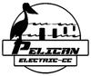 Black and white logo: Pelican silhouette above waves and docks, "Pelican Electric-CC" text.