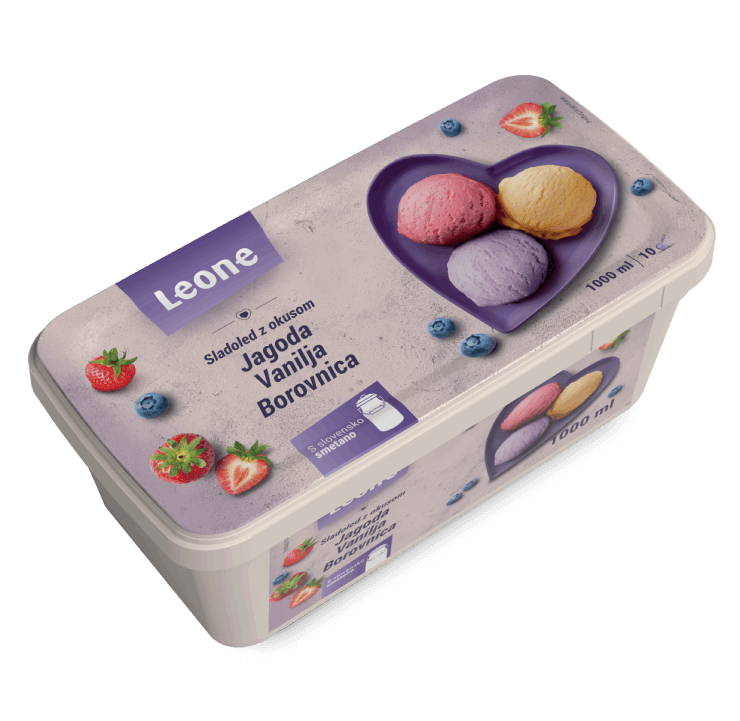 Posodica sladoleda leone z jagodami in borovnicami