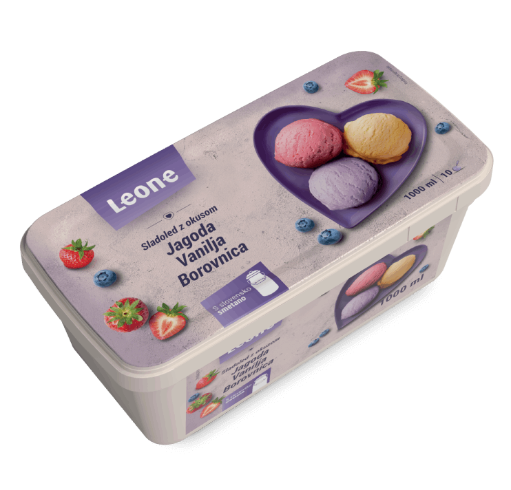 Posodica sladoleda leone z jagodami in borovnicami