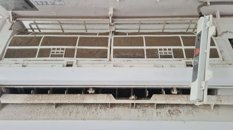 The inside of a dirty air conditioner with a dirty filter.