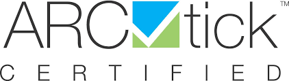 A logo for arc tick certified with a blue and green check mark