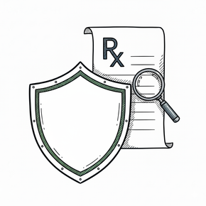 Shield protecting a prescription with magnifying glass, symbolizing health security.