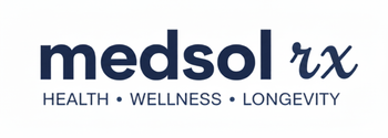 Logo for Medsol rx, dark blue text, Health, Wellness, Longevity at the bottom.