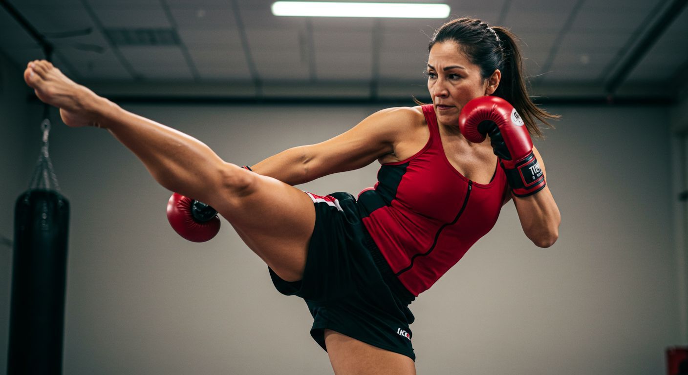 Woman in red and black workout clothes kicking in a gym.