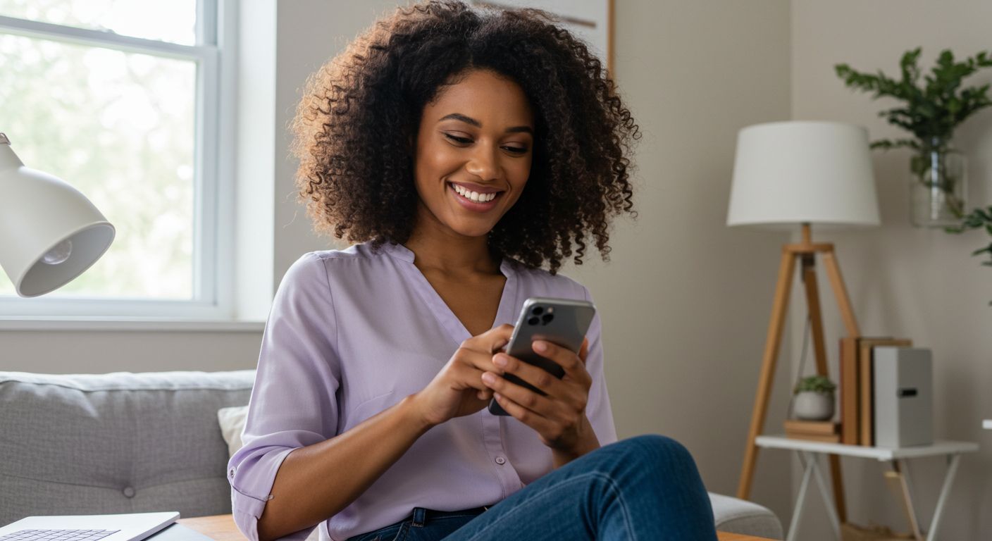 Woman with curly hair smiling while looking at her phone in a living room.