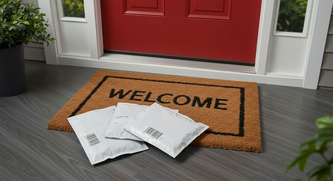 Three white packages on a welcome mat in front of a red door.