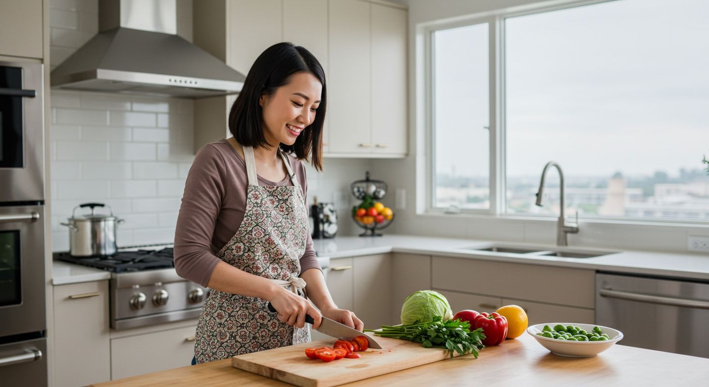 Woman in kitchen, smiling, cutting vegetables on cutting board. Sunny window, countertop, and apron.