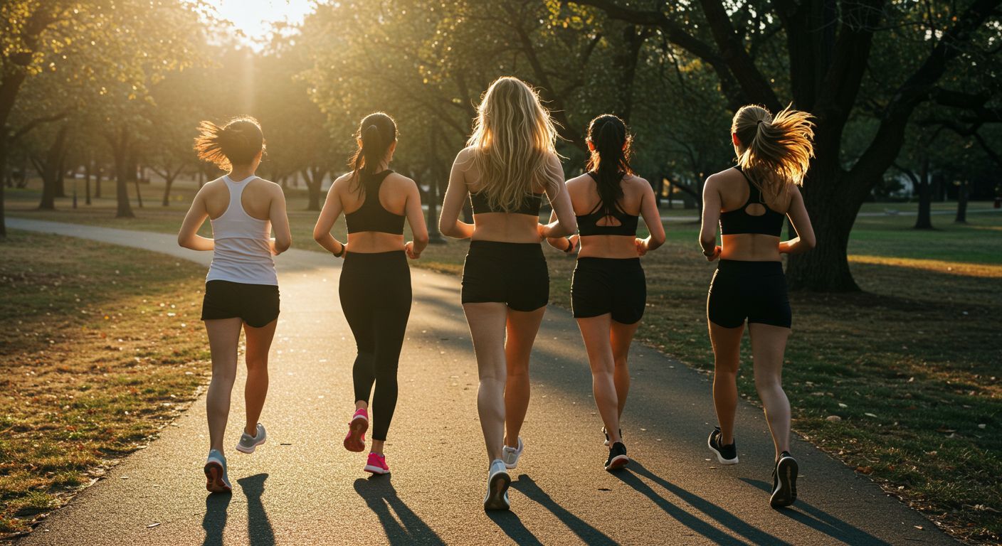 Five women running together on a paved path in a park, bathed in sunlight.
