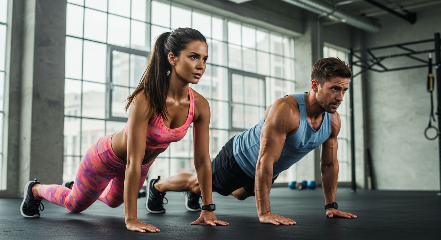 Woman and man doing push-ups in a gym; pink and blue workout clothes, focused expressions.