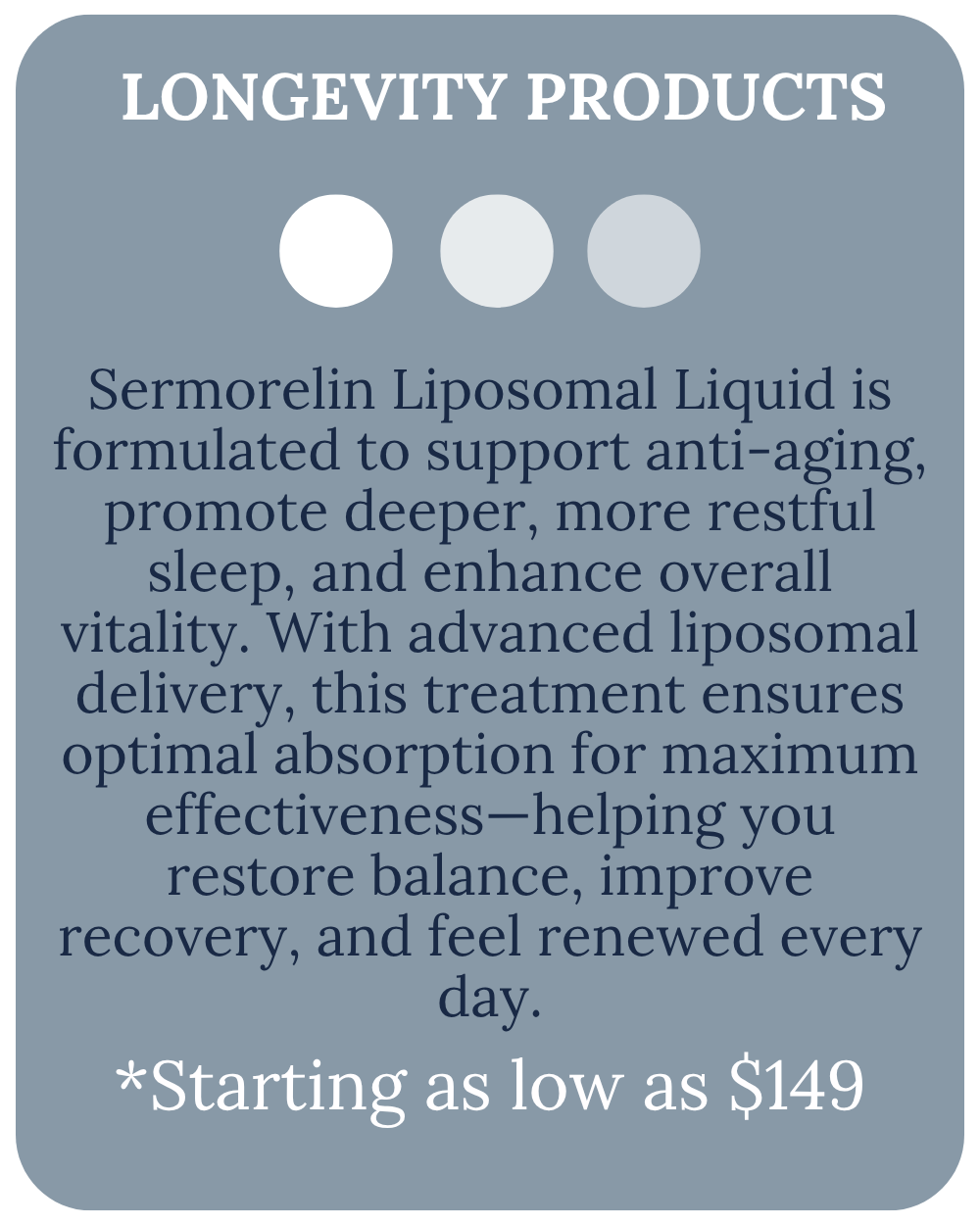 Promotional graphic: Sermorelin Liposomal Liquid. Text describes anti-aging benefits, starting price is $149.