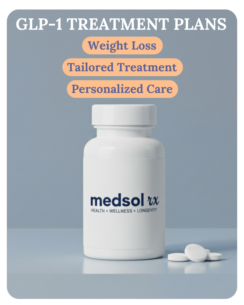 Promotional graphic: medication vials and pens, emphasizing personalized care.