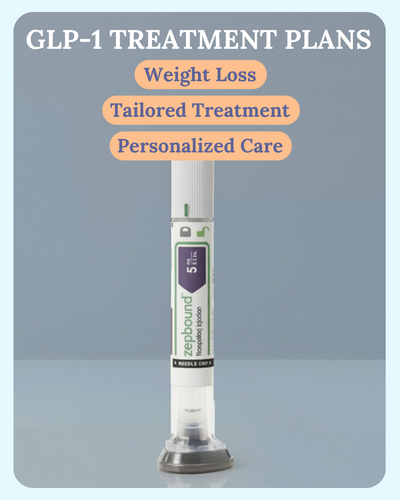 GLP-1 treatment plans for weight loss, featuring medication vials and pens