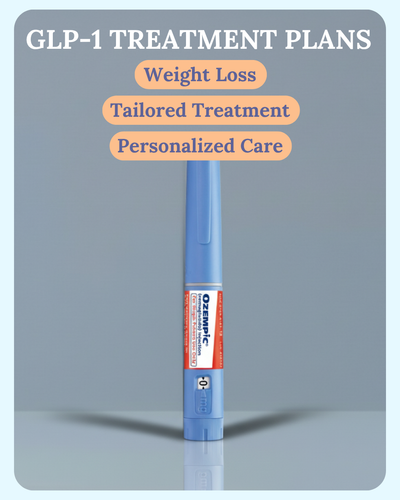 Promotional graphic: featuring medication vials and pens, emphasizing personalized care.