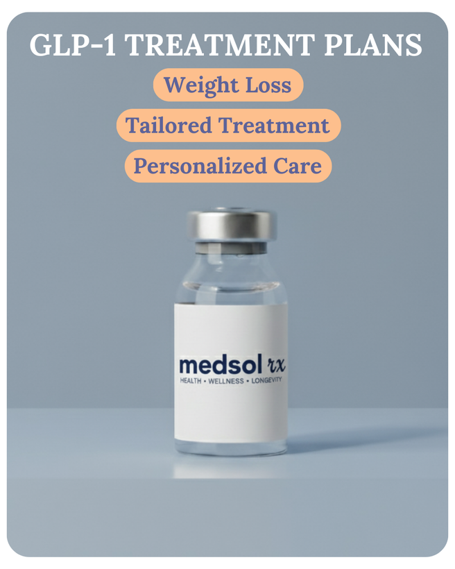 Promotional graphic: GLP-1 treatment plans for weight loss, featuring medication vials and pens, emphasizing personalized care.
