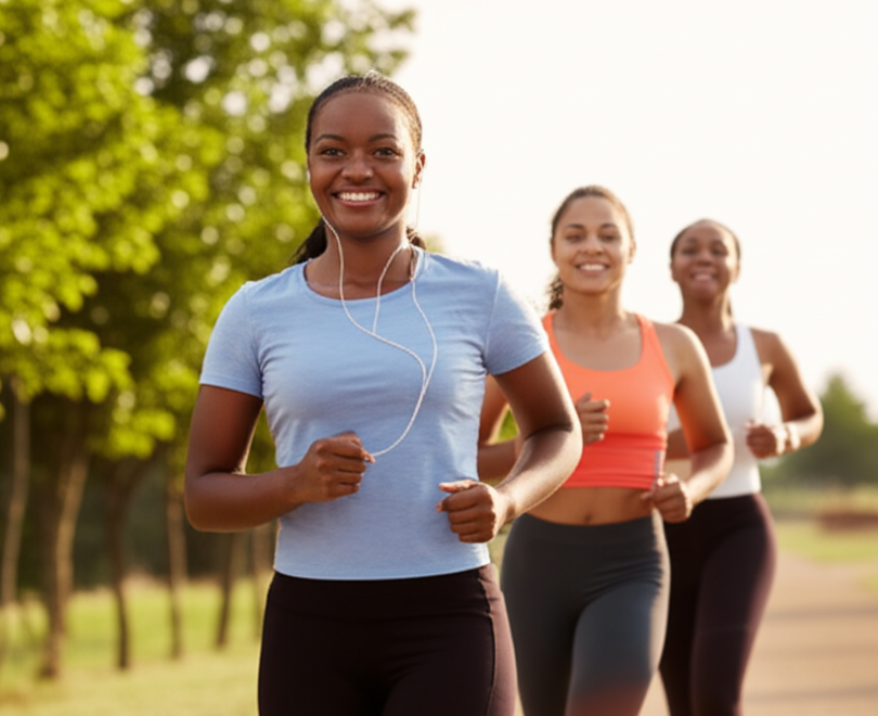 Three women running on a path, smiling. Sunlight, trees in the background. One woman wears earbuds.