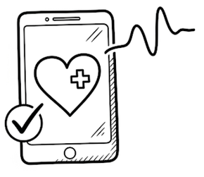 Smartphone displaying a heart icon with a plus sign, heartbeat line, and checkmark; health app.