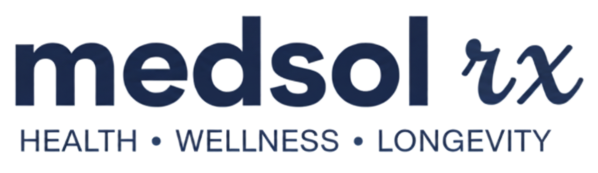 Logo of Medsol rx with the words Health, Wellness, and Longevity below.