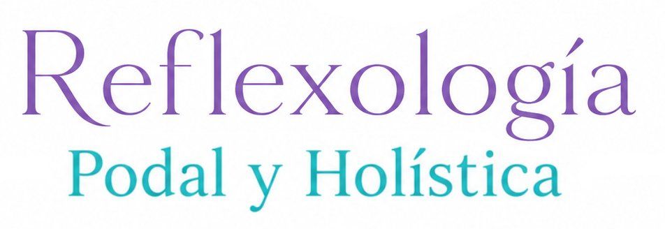 Logo con texto “Reflexología Podal y Holística” en morado y turquesa sobre fondo blanco.