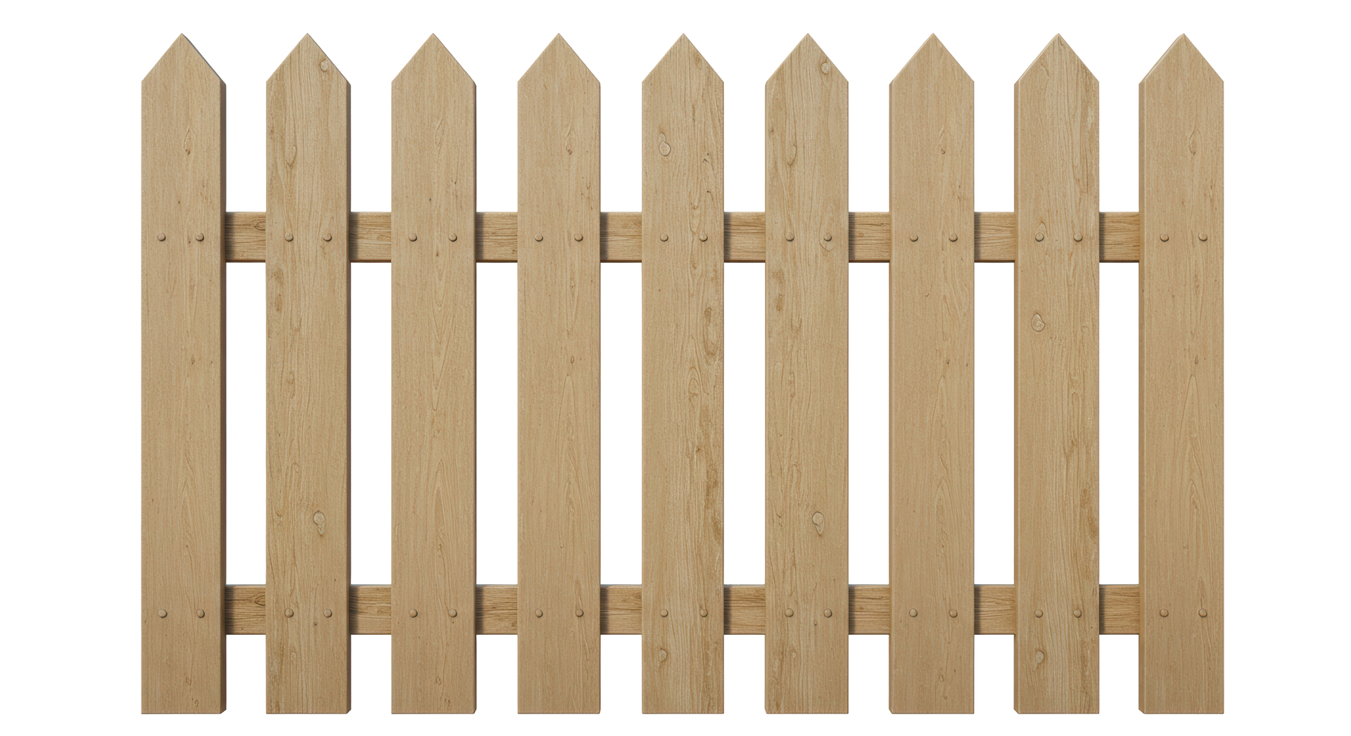 A wooden picket fence is shown on a white background.