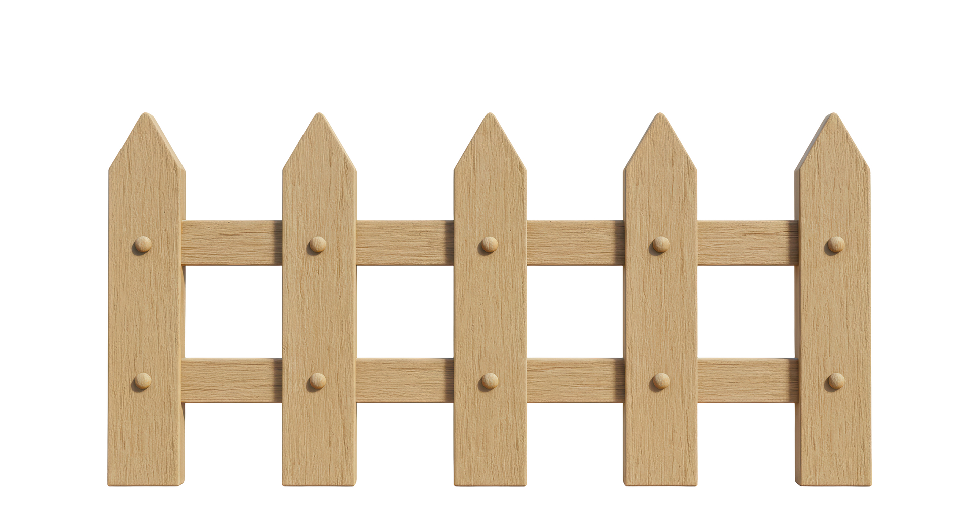A wooden picket fence is shown on a white background.