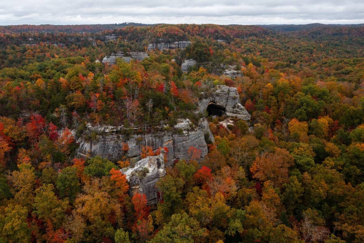 Natural Sandstone Arch in the Fall at Daniel Boone National Forest in Kentucky at Kentucky River Tours near Frankfort, KY