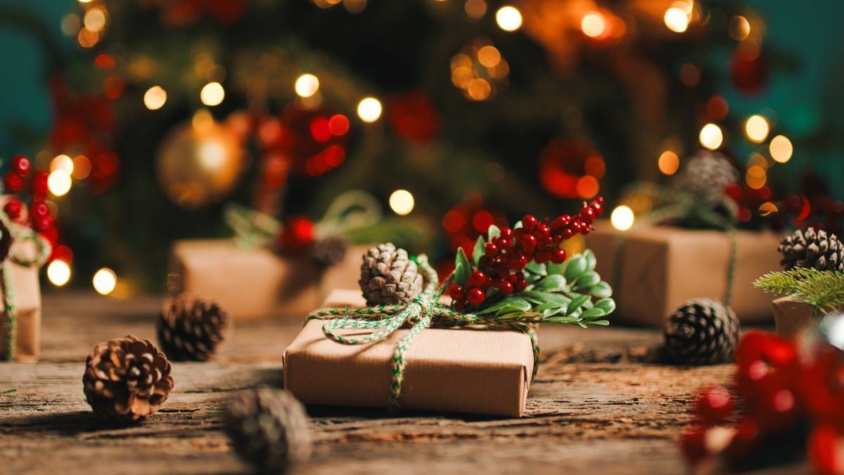 Christmas Gift Box On a Wood Table Under A Tree near Frankfort, Kentucky