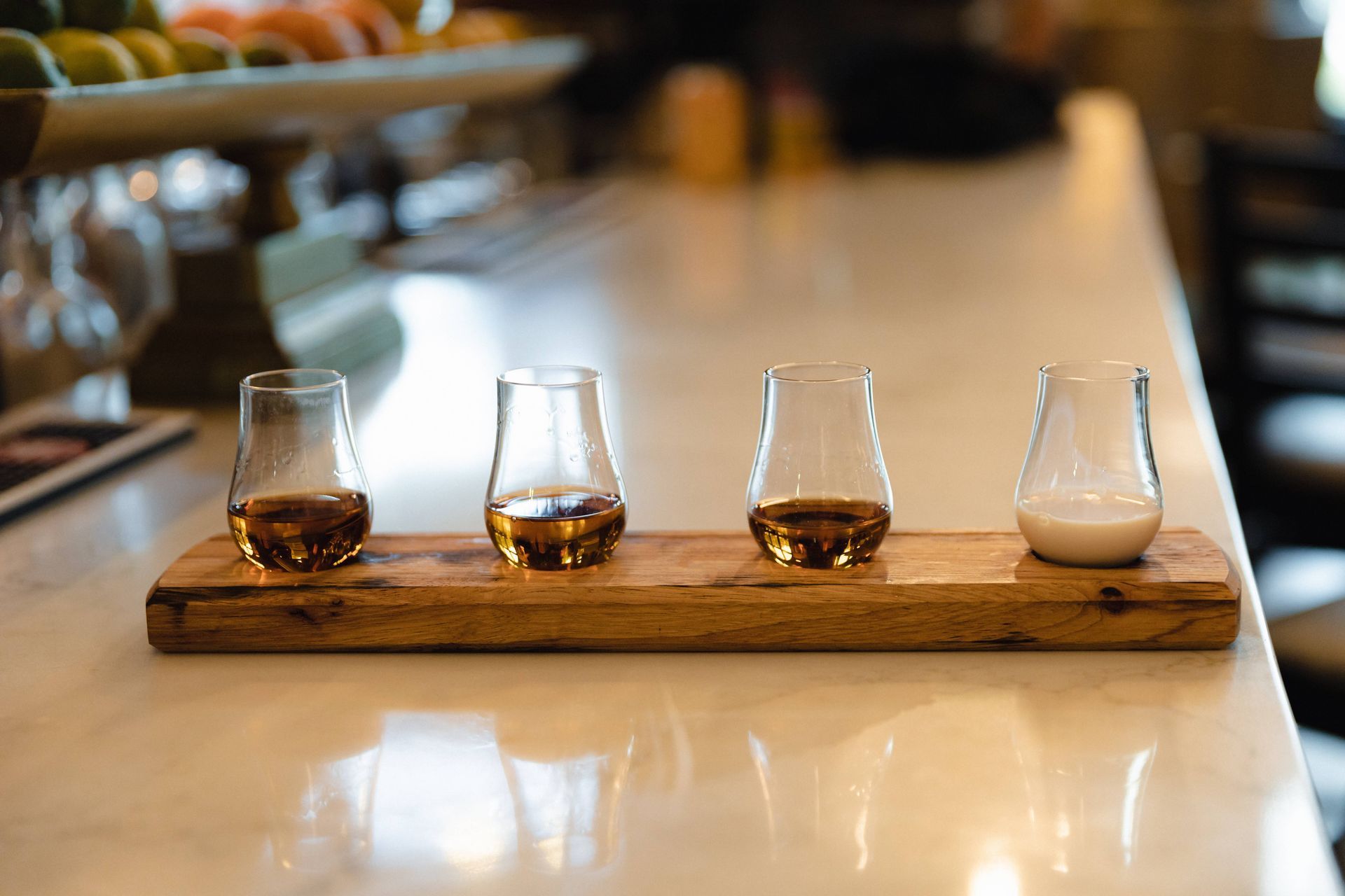 a flight of handcrafted bourbons and bourbon cream at Kentucky River Tours near Frankfort, KY
