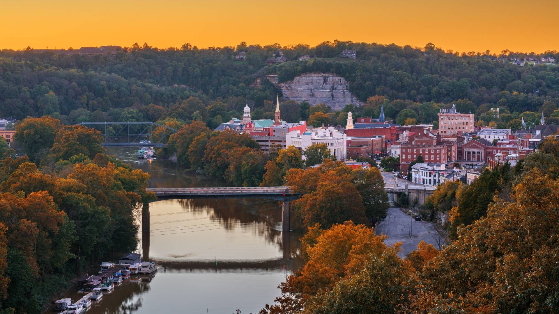 Frankfort, Kentucky, USA town skyline on the Kentucky River at Sunset at Kentucky River Tours near F