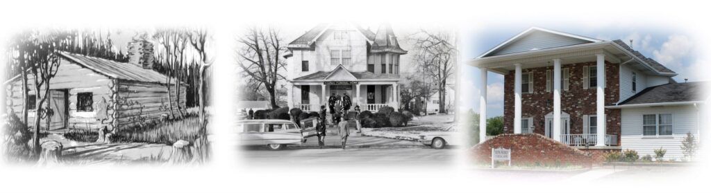 Young-Nichols Funeral Home photo collage 3 photos. Two in black and white of what Young-Nichols Funeral Home looked like at different times