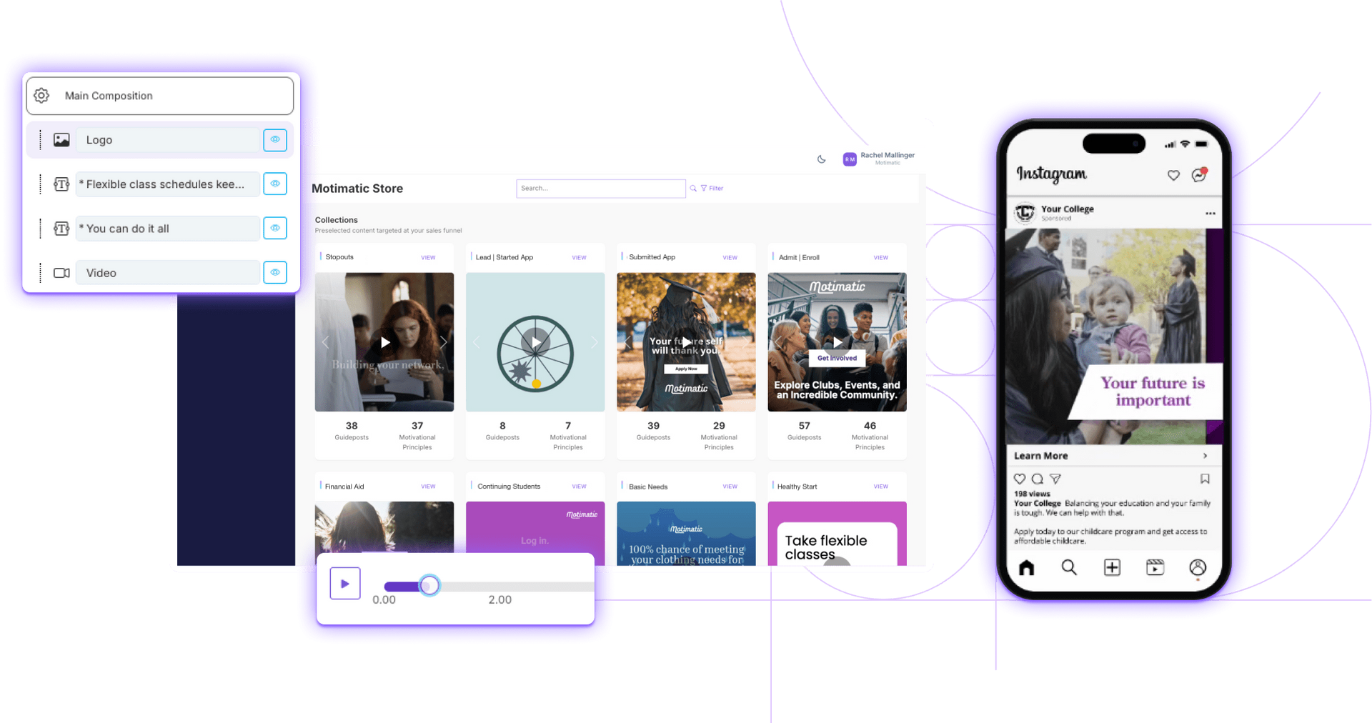 Motimatic Create dashboard with a smartphone screen displaying a social media feed, and pop outs of the post editor