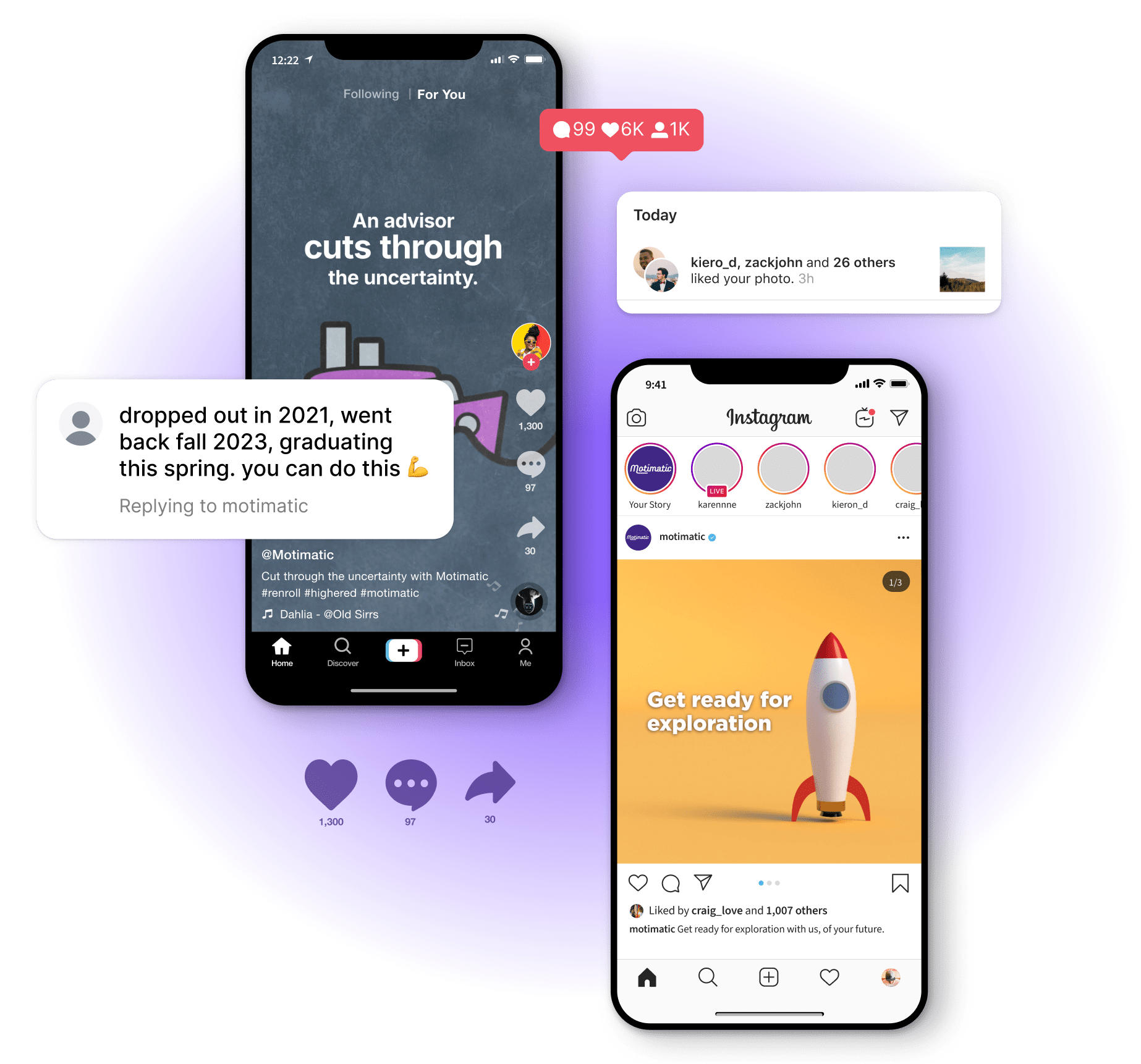 Two smartphones displaying social media content