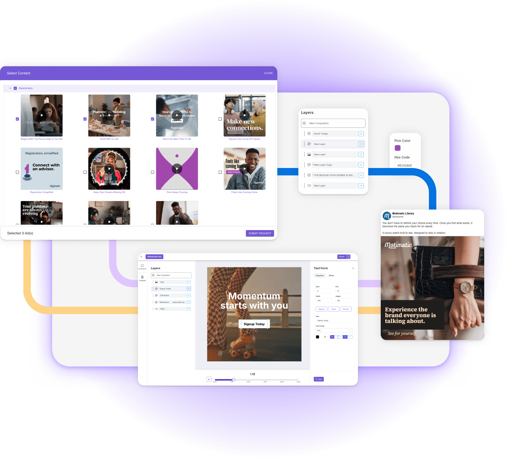 Motimatic Create interface with asset library, editor, and social media preview
