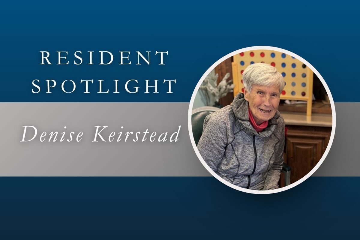 Resident Spotlight: Denise Keirstead. Woman smiles in a round photo frame on a blue and gray background.