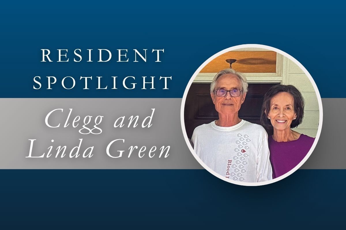 Resident Spotlight: Clegg and Linda Green with portrait photo on blue background