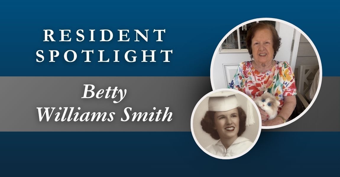 Resident Spotlight for Betty Williams Smith with two portrait photos on a blue background