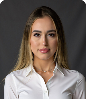 The woman is wearing a white shirt and a necklace.