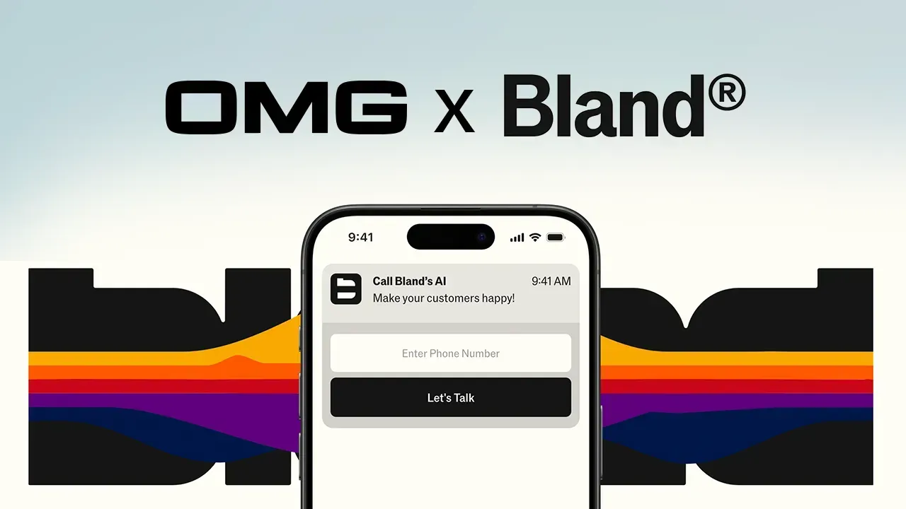 A phone is sitting next to a sign that says omg x bland.