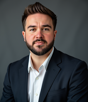 A man with a beard is wearing a black suit and black shirt.