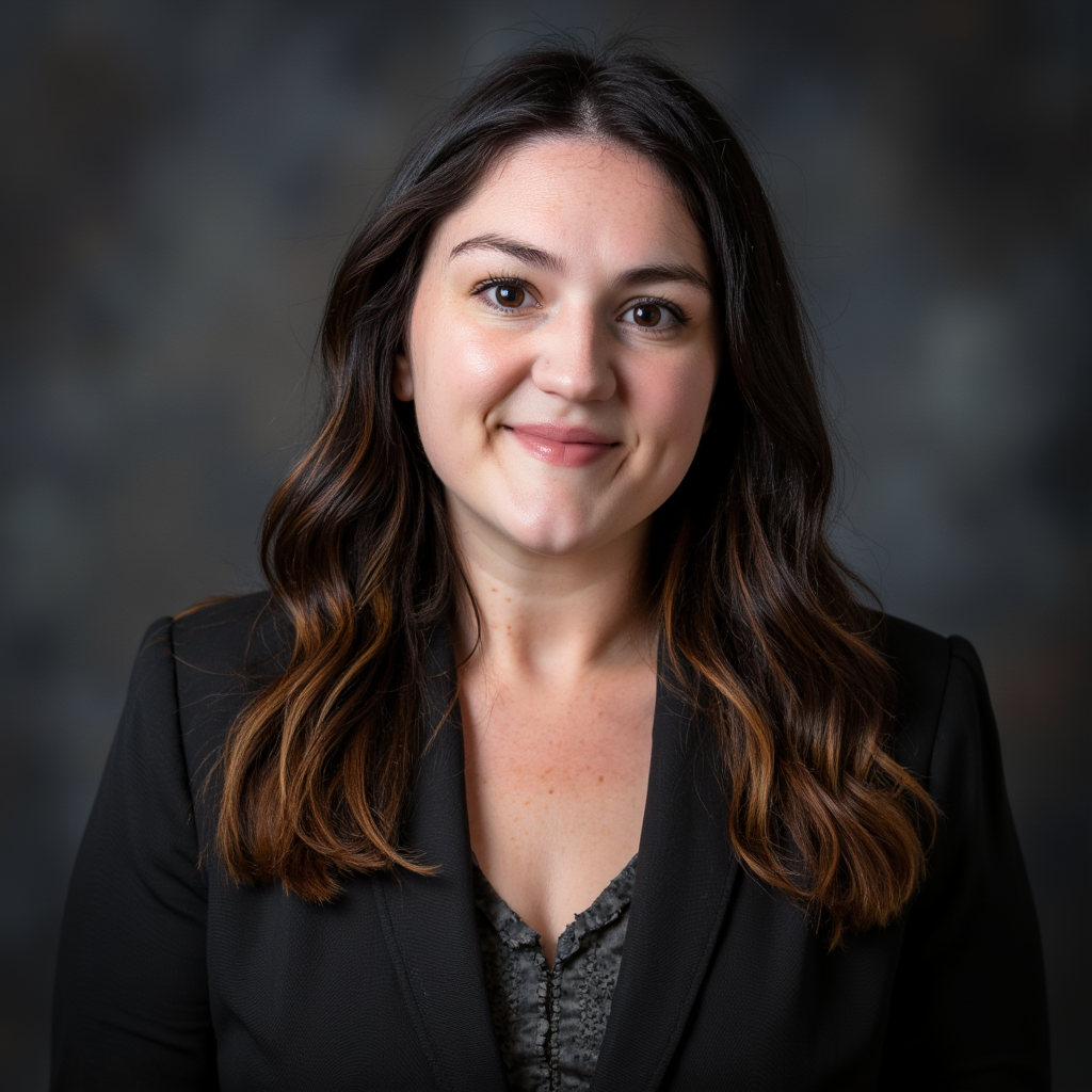 A woman with long dark hair is wearing a black jacket