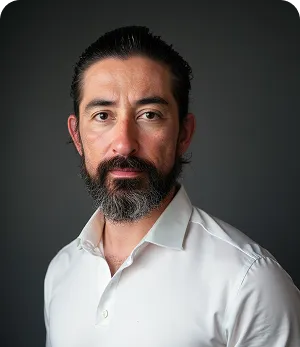 A man with a beard and glasses is wearing a white shirt.
